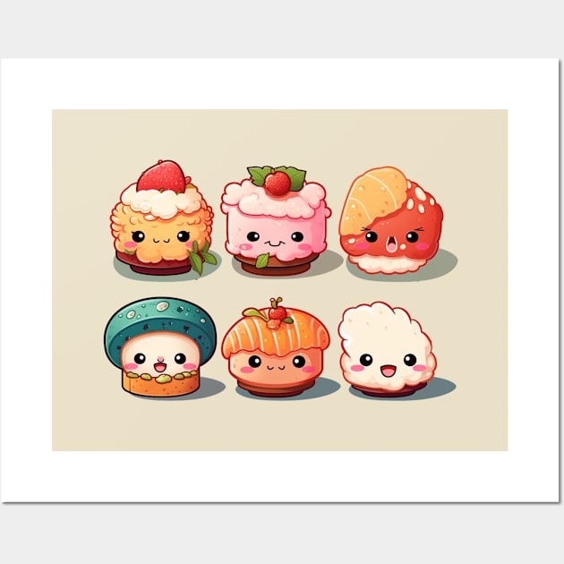 Cute cakes and sushi in Japanese food style Wall Art by MilkyBerry